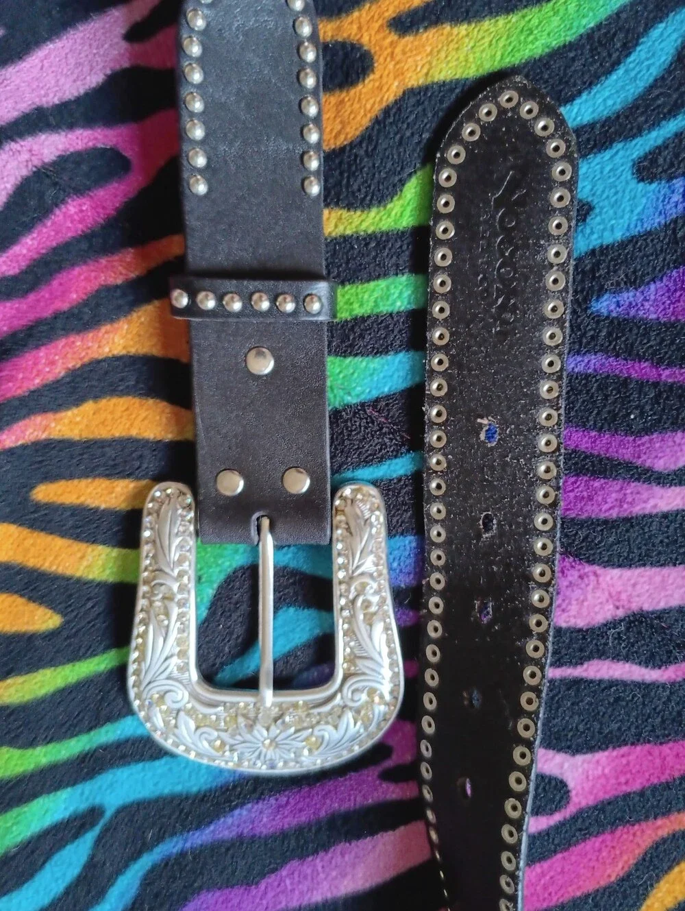 🖤 Nocona Belt Co Floral Western Scalloped Rhinestone Studded Leather XL Black